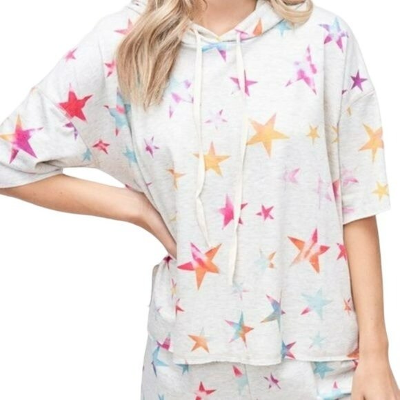 Phil Love Rainbow Star Short Sleeve Hoodie Top White Multicolor Size Small NWT - Picture 2 of 5